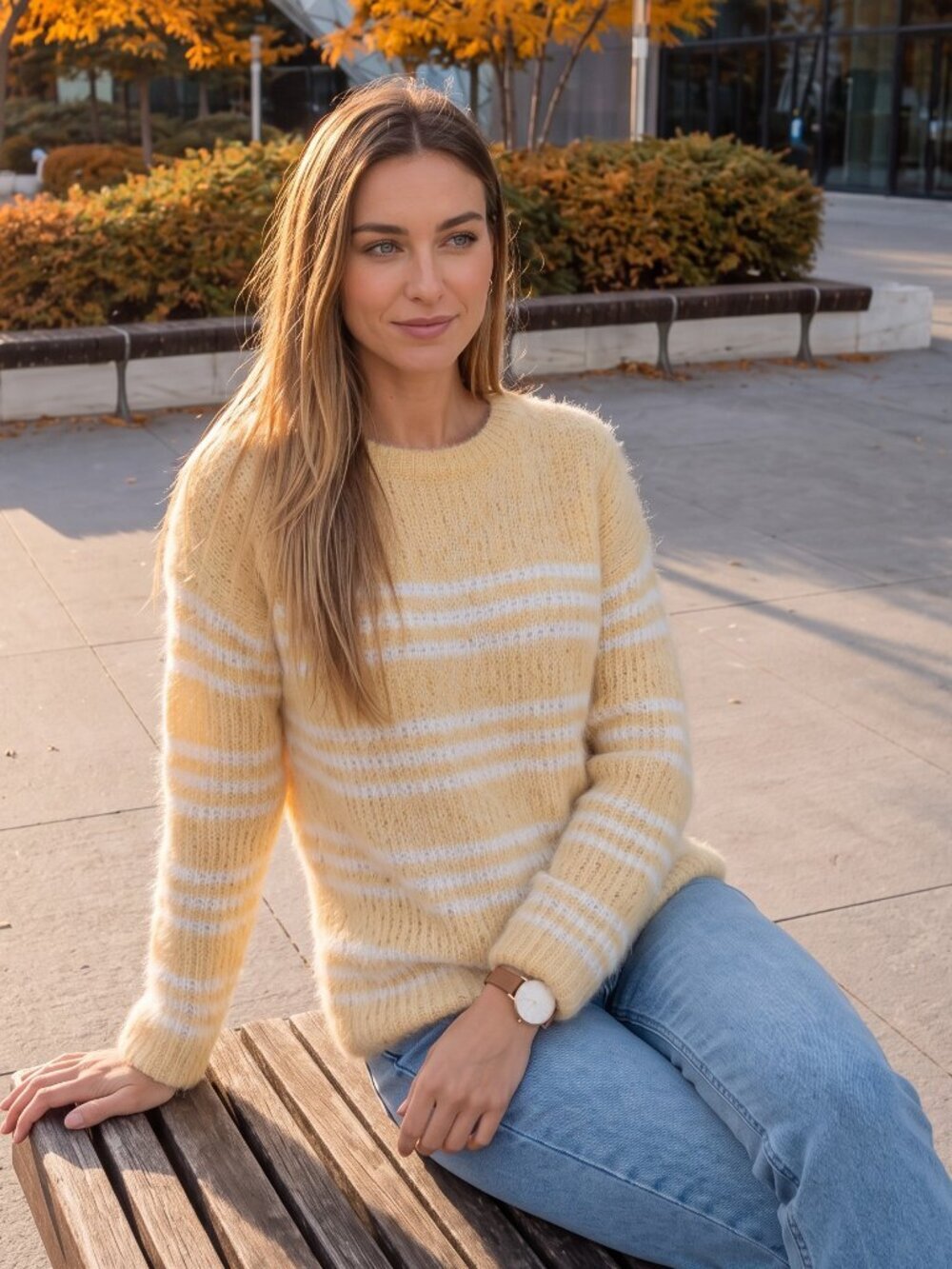 XY Fashion Fuzzy Striped Crewneck Sweater Cottagecore Preppy Butter Yellow S/M - Picture 6 of 16